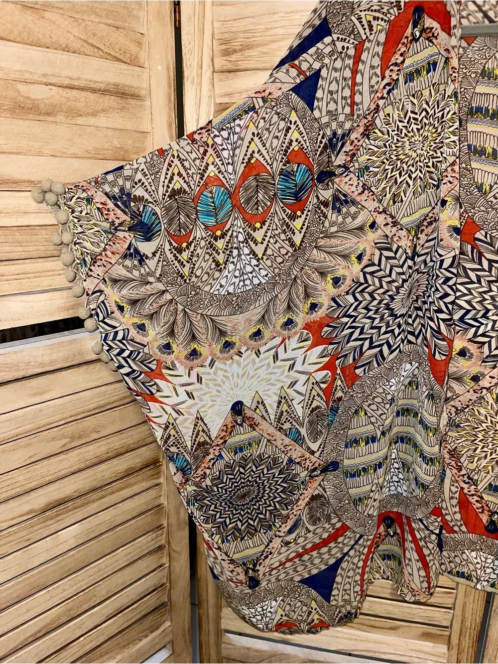 Umgee Oversized Boho Print Open Front Kimono Pom Pom Trim M/L Western